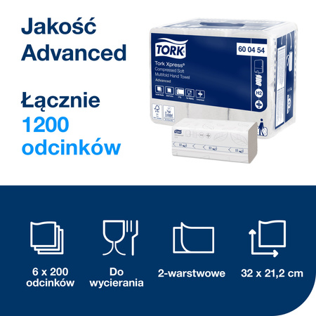 Tork Xpress® skompresowane miękkie ręczniki papierowe składane białe H2, Advanced, 2-warstwowe, składane w M, chłonne, 6 × 200 odcinków, 600454