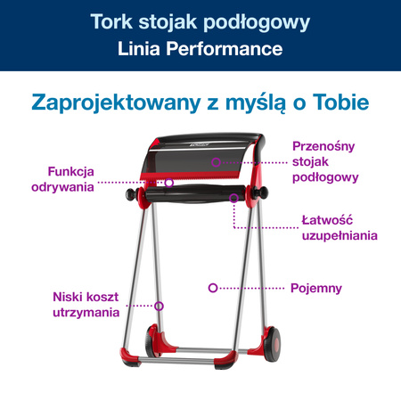Stojak podłogowy na czyściwa Tork W1, czerwono-czarny, mobilny, linia Performance, 652008
