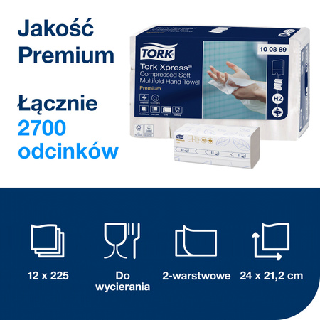 Tork Xpress® skompresowane miękkie ręczniki papierowe składane białe H2, Premium, 2-warstwowe, składane w Z, chłonne, 12 × 225 odcinków, 100889