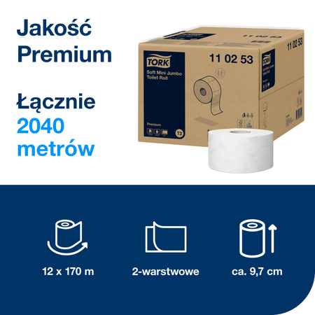 Miękki papier toaletowy Tork Mini Jumbo T2, biały, Premium, dwuwarstwowy, 12 m × 170 m, 110253
