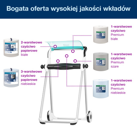 Stojak podłogowy na czyściwa Tork W1, biało-turkusowy, mobilny, linia Performance, 652000