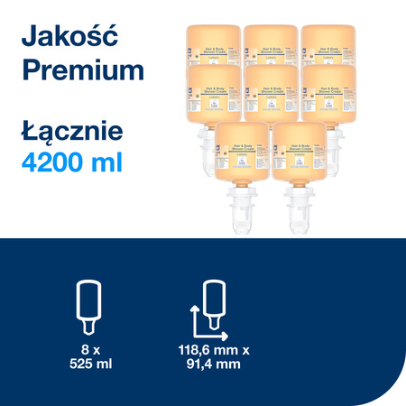 Tork luksusowy żel pod prysznic do włosów i ciała mini S5, 3 w 1, szampon, odżywka i żel pod prysznic, 8 × 525 ml, 425662