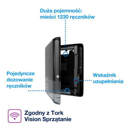 Tork PeakServe® Mini Continuous™ dozownik do ręczników papierowych H5, czarny, duża pojemność, kolekcja Elevation, 552558