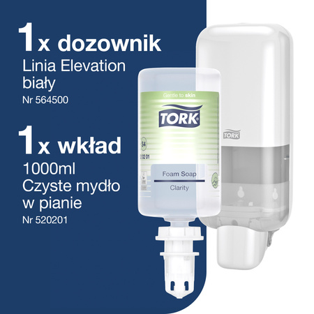 Tork zestaw startowy z dozownikiem do mydła i preparatów dezynfekujących biały S4, dozownik i 1 wkład czystego mydła w pianie, 964201