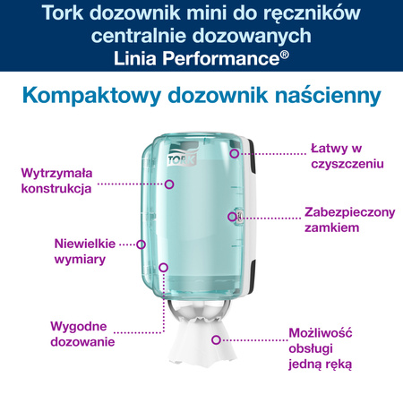 Dozownik Tork Mini, system centralnego dozowania, turkusowo-biały, M1, solidna obudowa, seria Performance, 658000