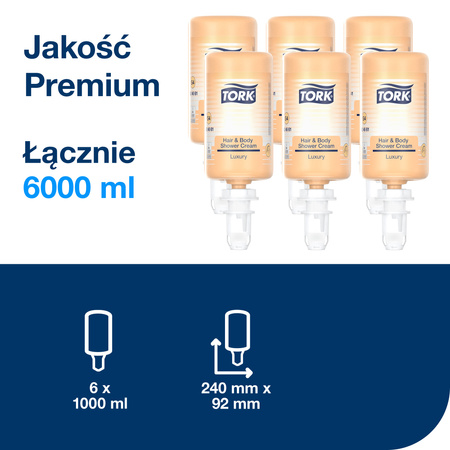 Tork 3 w 1 luksusowy kremowy żel pod prysznic do włosów i ciała S4, arganowo-waniliowy zapach, 6 × 1000 ml, 424661