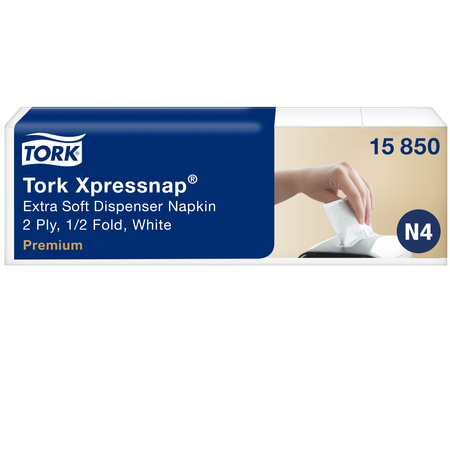 Serwetki Tork Xpressnap® N4, bardzo miękkie, białe, Premium, składane w 1/2, dwuwarstwowe, 21,3 cm × 17 cm, 8 × 1000 serwetek, 15850