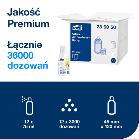 Tork odświeżacz powietrza w sprayu A1 o zapachu cytrusowym, regulowane ustawienia, 12 wkładów, 236050
