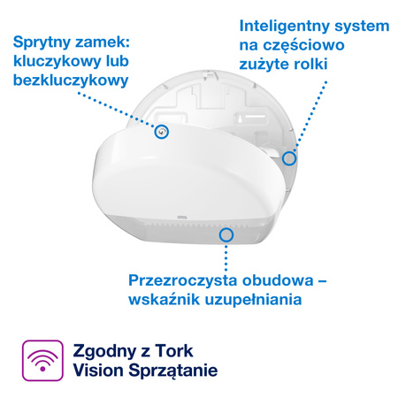 Dozownik na papier toaletowy Tork mini jumbo, biały, T2, zabudowany, linia Elevation, 555000