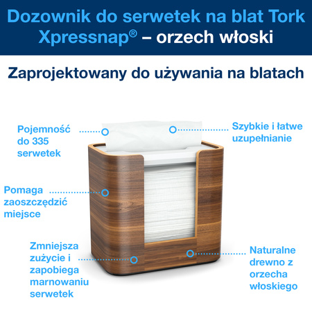 Kompaktowy nablatowy dyspenser do serwetek N4 Tork Xpressnap®, orzech włoski, linia Image, 19,3 cm × 20,3 cm × 13,6 cm, 273002