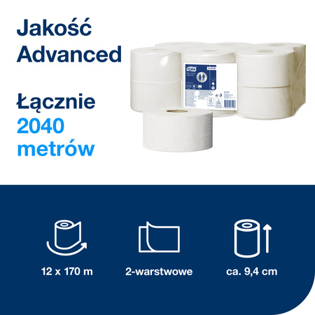 Papier toaletowy Tork Mini Jumbo T2, biały, Advanced, dwuwarstwowy, 12 × 170m, 120280