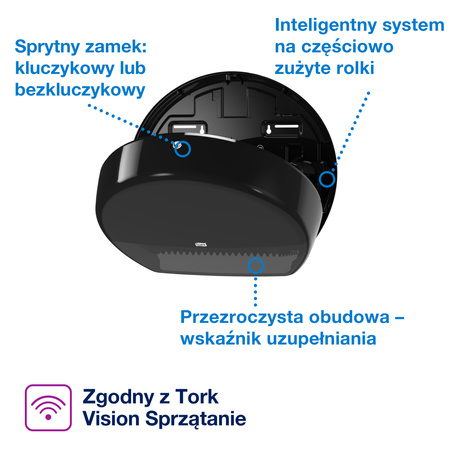 Dozownik na papier toaletowy Tork mini jumbo, czarny, T2, zabudowany, linia Elevation, 555008