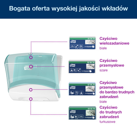 Naścienny dozownik do czyściw w odcinkach Tork W4, turkusowo-biały, linia Performance, 654000