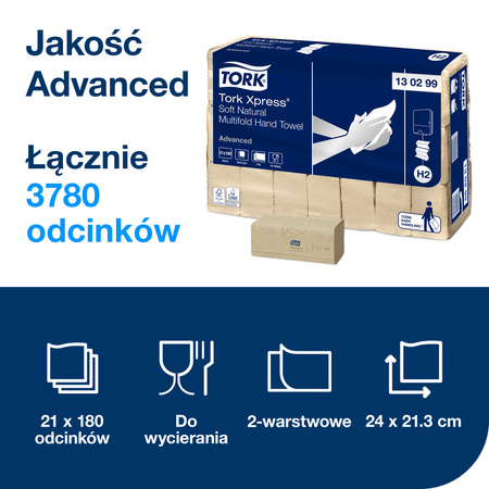 Tork Xpress® miękkie ręczniki papierowe Multifold naturalne H2, Advanced, odporne na rozdarcia, 2-warstwowe, 21 × 180 ręczników, 130299