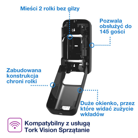 Tork OptiServe® dozownik do 2 rolek papieru toaletowego bez gilzy czarny T7, pionowy, linia Elevation, 558042