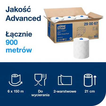 Tork Matic® miękki ręcznik w roli, biały z dekorem szarego listka, H1, jakość Advanced, chłonny, 6 rolek × 150 m, 290067