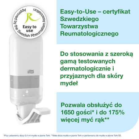 Tork dozownik do mydła i preparatów do dezynfekcji z ramieniem dozującym biały S4, wkłady w pianie, płynie i żelu, linia Elevation, 564100