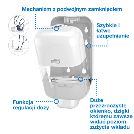 Tork mini dozownik do mydła i środków dezynfekujących biały S5, wkłady w pianie, płynie, żelu i balsamie, linia Elevation, 565200
