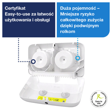 Tork OptiServe® dozownik do 2 rolek papieru toaletowego bez gilzy biały T7, poziomy, linia Elevation, 558040