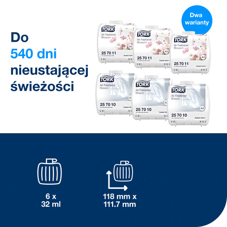 Tork odświeżacz powietrza Constant, zestaw zapachów A3, neutralizator nieprzyjemnych zapachów, 3 wkłady o zapachu wiosennej bryzy i 3 wkłady o kwiatowym zapachu, 257013
