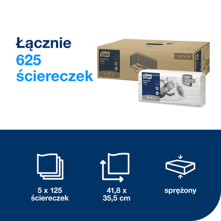 Ściereczki do polerowania Tork W4 białe, do profesjonalnego użytku, wysoka jakość, opakowanie 5 × 125 sztuk, 197478