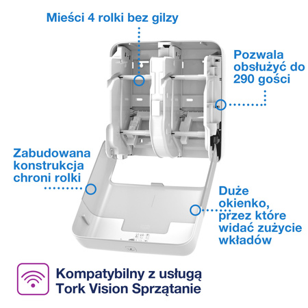 Tork OptiServe® dozownik do 4 rolek papieru toaletowego bez gilzy biały T7, pionowy, linia Elevation, 558051