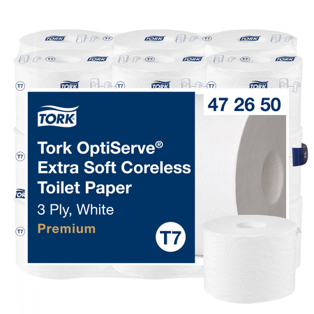 Tork OptiServe® ekstramiękki papier toaletowy bez gilzy biały T7, 3-warstwowy, 18 × 550 odcinków, 472650