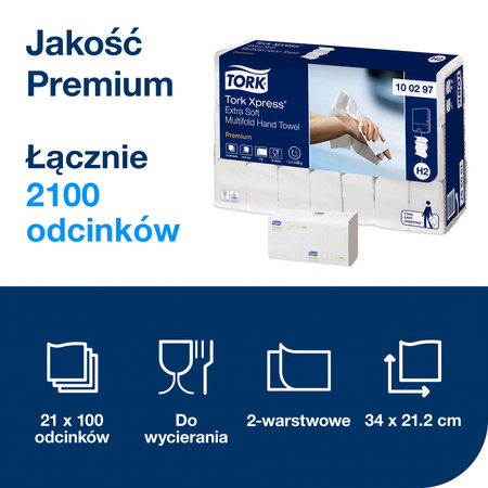 Tork Xpress® ekstramiękki ręcznik Multifold, 4-panelowy (w składce wielopanelowej), biały, H2, Jakość Premium, 21 x 100 listków, 100297