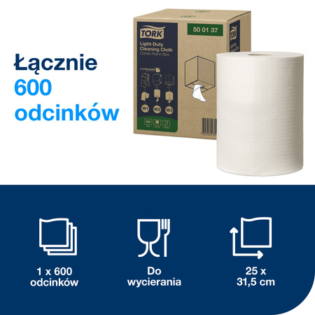 Tork czyściwo włókninowe do lekkich zabrudzeń w roli kombi, białe, W1/W2/W3, do używania na mokro i na sucho, 1 × 600 odcinków, 500137