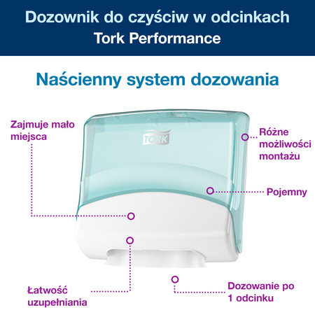Naścienny dozownik do czyściw w odcinkach Tork W4, turkusowo-biały, linia Performance, 654000