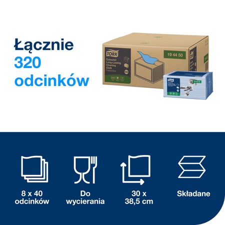 Ściereczki wielorazowe Tork W8, niebieskie, wielozadaniowe, 8 × 40 ściereczek, 194450