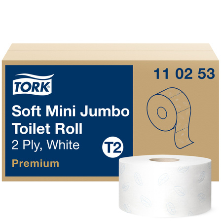 Miękki papier toaletowy Tork Mini Jumbo T2, biały, Premium, dwuwarstwowy, 12 m × 170 m, 110253