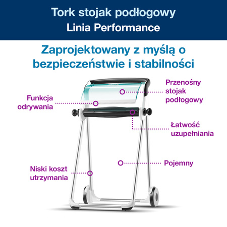 Stojak podłogowy na czyściwa Tork W1, biało-turkusowy, mobilny, linia Performance, 652000