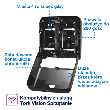 Tork OptiServe® dozownik do 4 rolek papieru toaletowego bez gilzy czarny T7, pionowy, linia Elevation, 558052