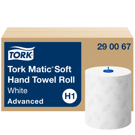 Tork Matic® miękki ręcznik w roli, biały z dekorem szarego listka, H1, jakość Advanced, chłonny, 6 rolek × 150 m, 290067