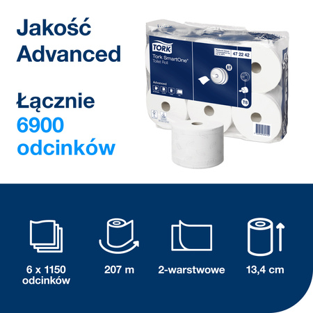 Papier toaletowy w rolce Tork SmartOne® T8, dwuwarstwowy, 6 x 1150 odcinków, 472242