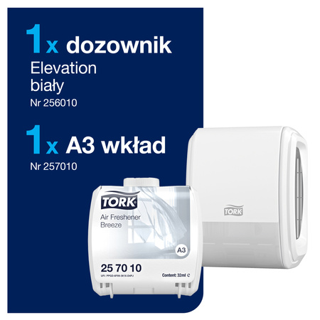 Tork zestaw startowy z odświeżaczem powietrza Constant biały A3, linia Elevation, dozownik i wkład o zapachu wiosennej bryzy, 976000
