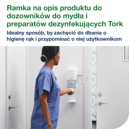 Tork ramka na opis produktu do dozownika do mydła i preparatów do dezynfekcji biała, zapewnia higienę, 511170