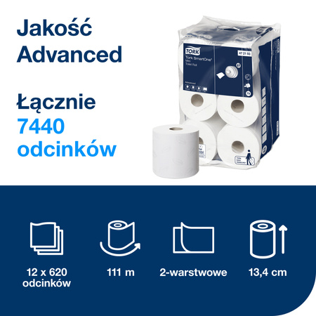 Papier toaletowy Tork SmartOne® Mini T9, biały, Advanced, dwuwarstwowy, 16 × 620 listków, 472193