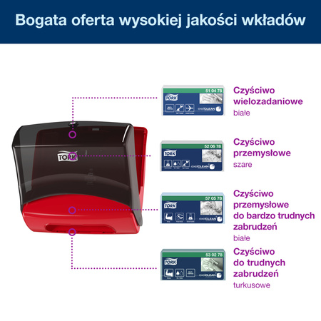 Naścienny dozownik do czyściw w odcinkach Tork W4, czerwono-szary, linia Performance, 654008