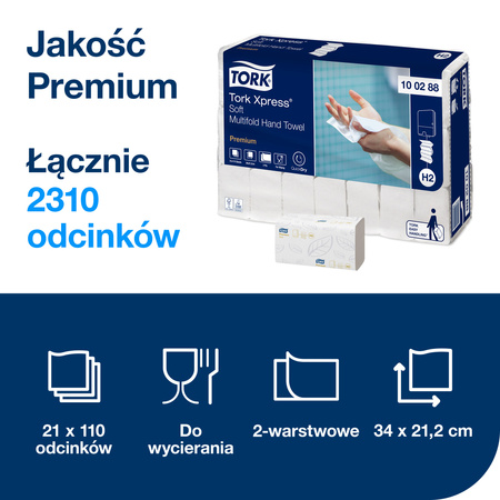 Tork Xpress® miękkie ręczniki Multifold (w składce wielopanelowej) H2, białe, jakość Premium, 2-warstwowe, QuickDry, 21 × 110 odcinków, 100288