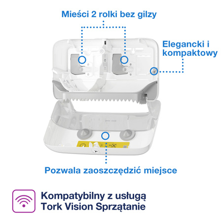 Tork OptiServe® dozownik do 2 rolek papieru toaletowego bez gilzy biały T7, poziomy, linia Elevation, 558040