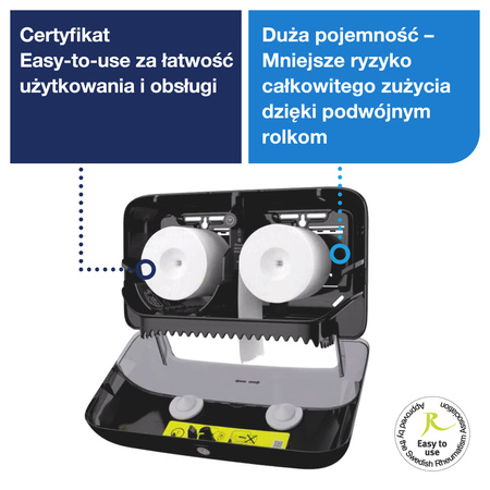 Tork OptiServe® dozownik do 2 rolek papieru toaletowego bez gilzy czarny T7, poziomy, linia Elevation, 558048