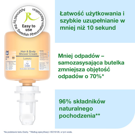 Tork luksusowy żel pod prysznic do włosów i ciała mini S5, 3 w 1, szampon, odżywka i żel pod prysznic, 8 × 525 ml, 425662