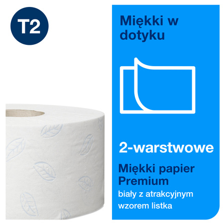 Miękki papier toaletowy Tork Mini Jumbo T2, biały, Premium, dwuwarstwowy, 12 m × 170 m, 110253