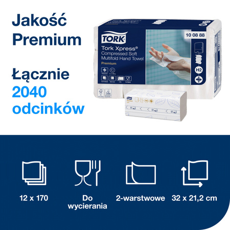 Tork Xpress® skompresowane miękkie ręczniki papierowe składane białe H2, Premium, 2-warstwowe, składane w M, duże, 12 × 170 odcinków, 100888