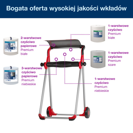 Stojak podłogowy na czyściwa Tork W1, czerwono-czarny, mobilny, linia Performance, 652008