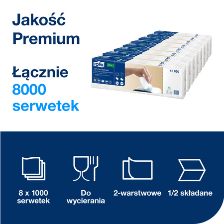 Serwetki Tork Xpressnap® N4, bardzo miękkie, białe, Premium, składane w 1/2, dwuwarstwowe, 21,3 cm × 17 cm, 8 × 1000 serwetek, 15850