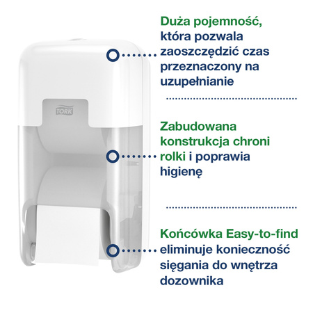 Tork OptiServe® dozownik do 2 rolek papieru toaletowego bez gilzy biały T7, pionowy, linia Elevation, 558041