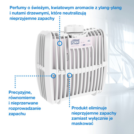 Tork zestaw startowy z odświeżaczem powietrza Constant biały A3, linia Elevation, dozownik i wkład o zapachu wiosennej bryzy, 976000